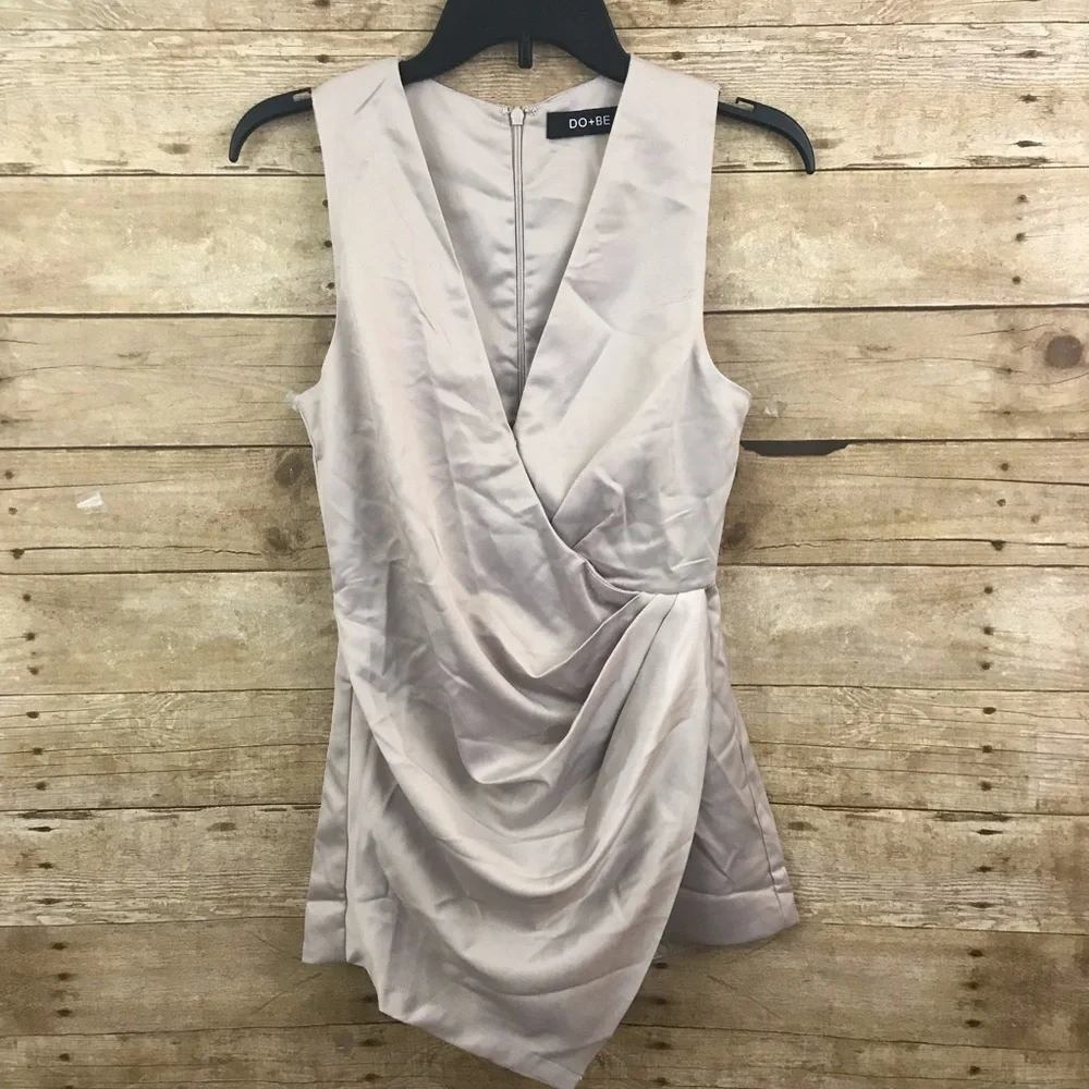 DO+BE Satin Wrap Front Romper Champagne Silver Small Womens Surplice V-Neck